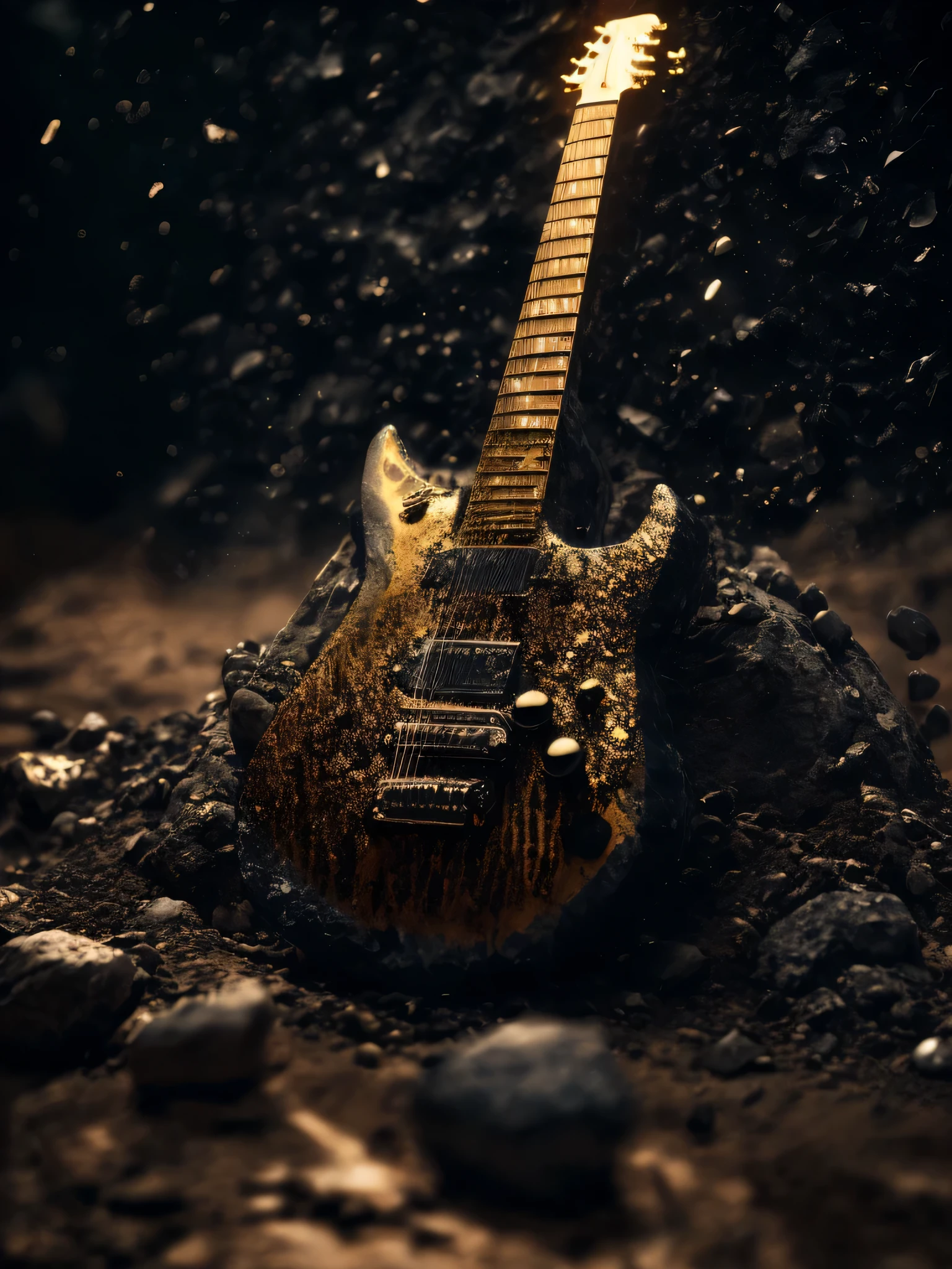 there is a guitar that is sitting in the dirt, electric guitar, on a dark rock background, guitar concept art, futuristic electric guitar, rocking out, wet metal reflections, gold and black metal, dust and rock theme, rock music, hq 4k phone wallpaper, liquid metal, album art, rock, covered with liquid tar. dslr, high quality wallpaper