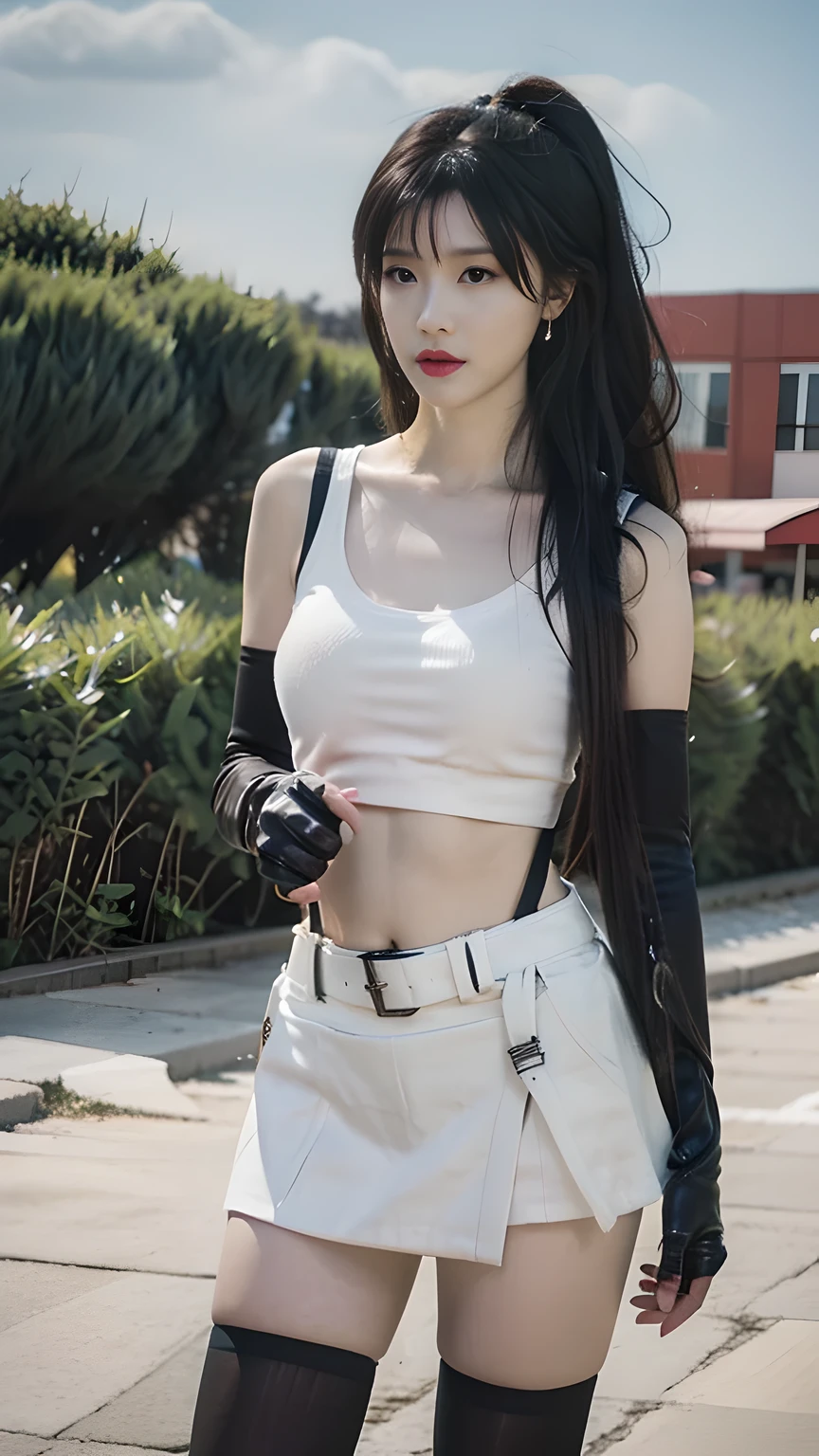 best quality, masterpiece, 1 girl, perfect beautiful face, (photo photo:1.3), edge lighting, photography lighting, (high detail skin:1.2), 8k ultra hd, DSLR, high quality, high resolution, white skin, detailed textured skin, half body in frame, sexy posing, poker face, perfect propotion face, symetric face, eye level shot, 4k, 8k, bokeh, absurd, best ratio four fingers and one thumb, (realistic:1.3), beautiful detailed girl, cute 1girl, dark brown hair, long hair, ponytail, bangs, volume hairs, collosal-breast, full looking breast, projecting breast, slim waist, slender, small thighs, perfectly proportion, gloves,fingerless gloves,breasts,suspenders,thighhighs,crop top,tank top,skirt,black thighhighs,suspender skirt,black skirt,earrings,jewelry,midriff,white tank top,black gloves, boots,underwear,panties,miniskirt,belt,underboob,white panties, outdoor public event background, detailed background, trees, clouds