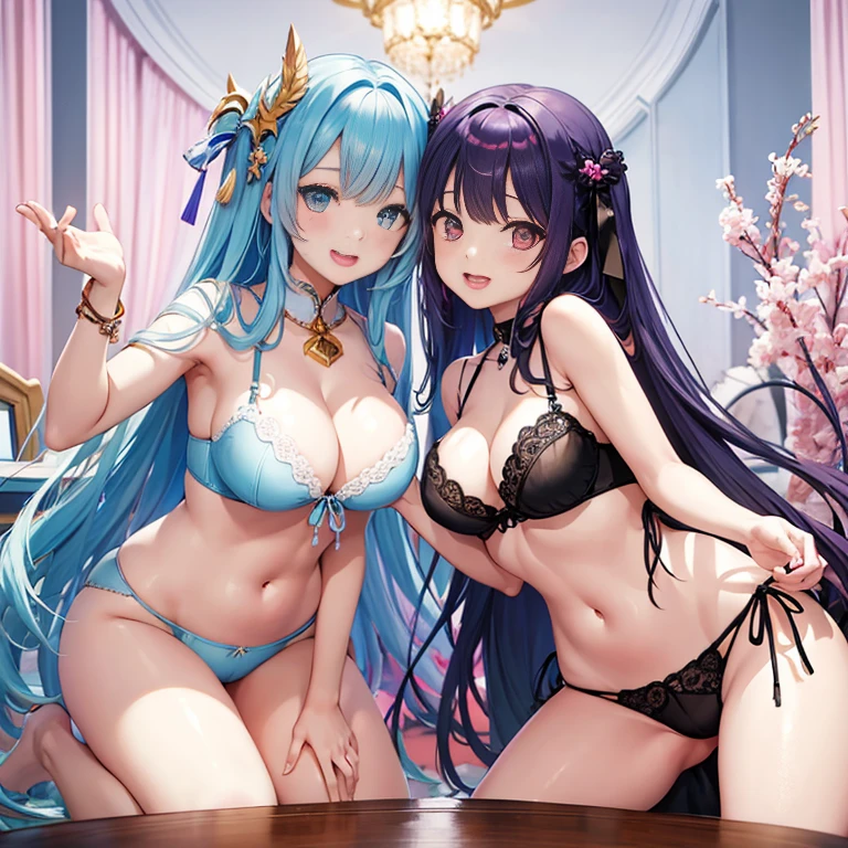 Harem、angle from below。Two girls are depicted、colorful hair、beautiful girl、highest quality、laughter、beautiful girl、masterpiece、High-definition images、wiping the table、The belly button is visible、cleavage exposure、Thigh emphasis、colorful underwear、sexy underwear、crawl on all fours、sticking out one&#39;s hips、