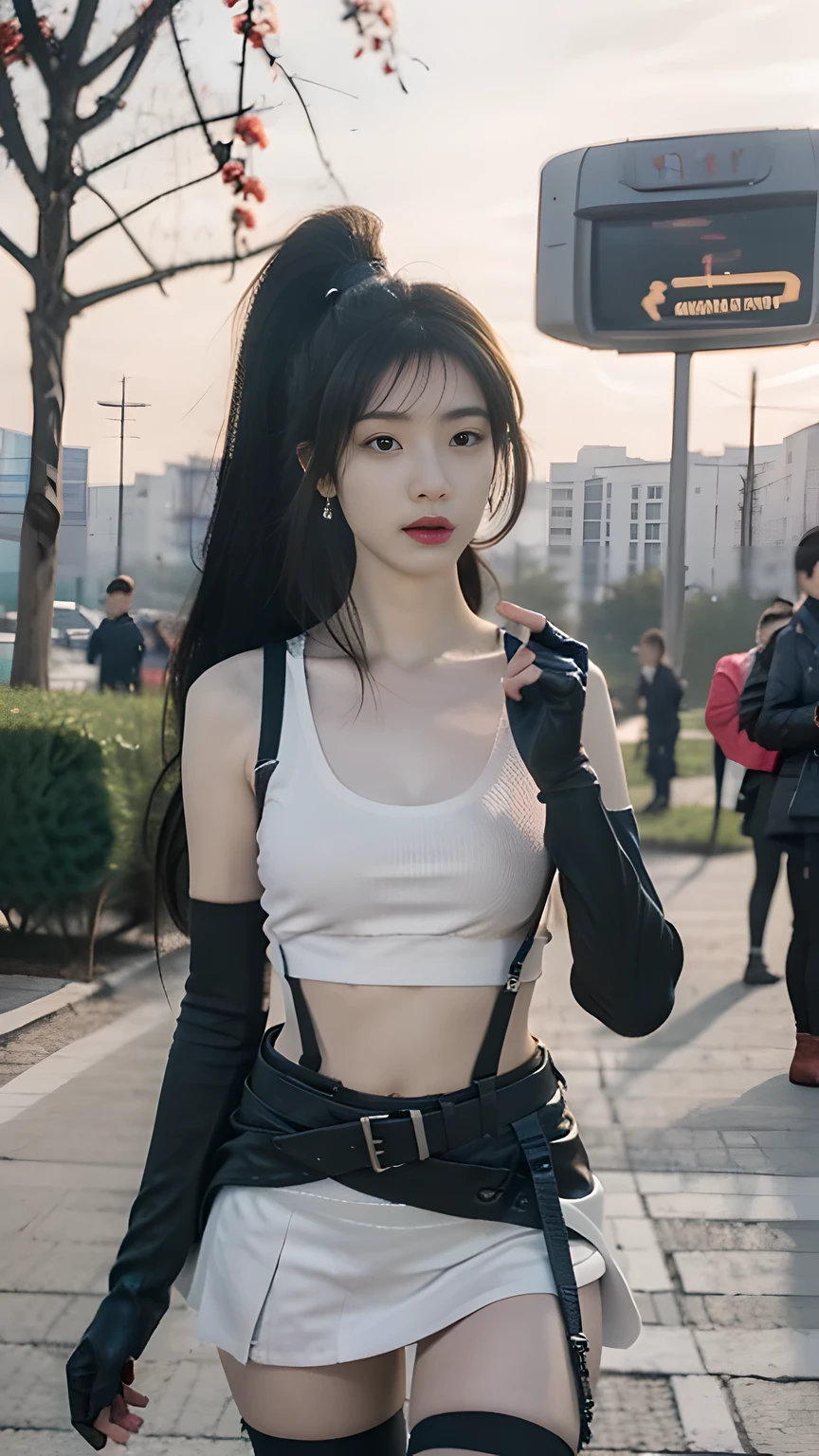 best quality, masterpiece, 1 girl, perfect beautiful face, (photo photo:1.3), edge lighting, photography lighting, (high detail skin:1.2), 8k ultra hd, DSLR, high quality, high resolution, white skin, detailed textured skin, half body in frame, sexy posing, poker face, perfect propotion face, symetric face, eye level shot, 4k, 8k, bokeh, absurd, best ratio four fingers and one thumb, (realistic:1.3), beautiful detailed girl, cute 1girl, dark brown hair, long hair, ponytail, bangs, volume hairs, collosal-breast, full looking breast, projecting breast, slim waist, slender, small thighs, perfectly proportion, gloves,fingerless gloves,breasts,suspenders,thighhighs,crop top,tank top,skirt,black thighhighs,suspender skirt,black skirt,earrings,jewelry,midriff,white tank top,black gloves, boots,underwear,panties,miniskirt,belt,underboob,white panties, outdoor public event background, detailed background, trees, clouds