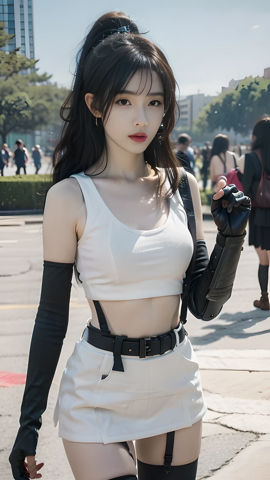 best quality, masterpiece, 1 girl, perfect beautiful face, (photo photo:1.3), edge lighting, photography lighting, (high detail skin:1.2), 8k ultra hd, DSLR, high quality, high resolution, white skin, detailed textured skin, half body in frame, sexy posing, poker face, perfect propotion face, symetric face, eye level shot, 4k, 8k, bokeh, absurd, best ratio four fingers and one thumb, (realistic:1.3), beautiful detailed girl, cute 1girl, dark brown hair, long hair, ponytail, bangs, volume hairs, collosal-breast, full looking breast, projecting breast, slim waist, slender, small thighs, perfectly proportion, gloves,fingerless gloves,breasts,suspenders,thighhighs,crop top,tank top,skirt,black thighhighs,suspender skirt,black skirt,earrings,jewelry,midriff,white tank top,black gloves, boots,underwear,panties,miniskirt,belt,underboob,white panties, outdoor public event background, detailed background, trees, clouds