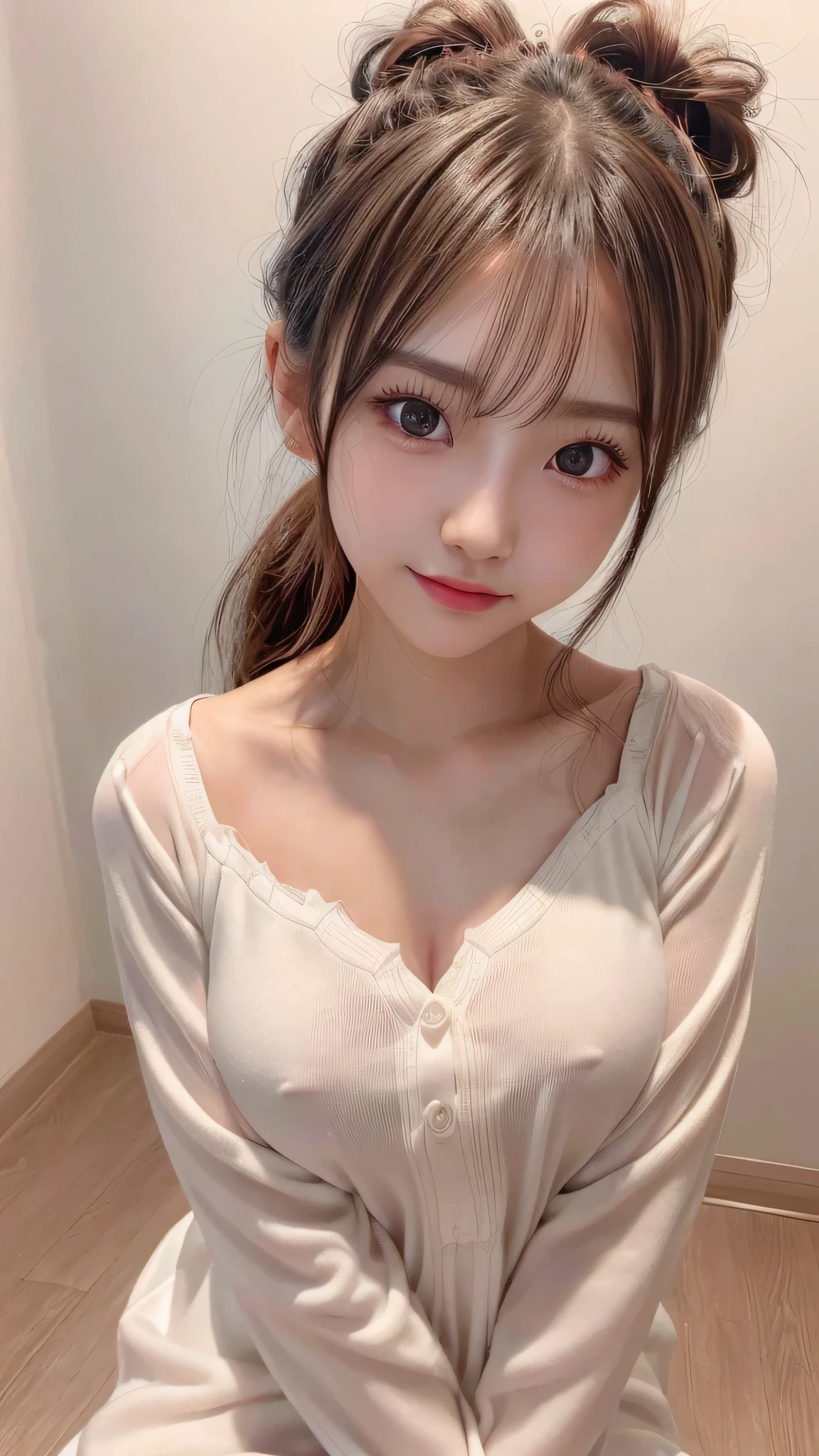 blush,,long hair ponytail,wearing white long-sleeved pajamas,((8K, Raw photo, best quality, muste piece:1.2), (Reality, photorealistic:1.4), (Highly detailed 8K wallpaper), Depth of bounds written, cinematic lighting, soft light, detailed beauty eye,Shiny and smooth light brown ponytail, asymmetrical bangs, shiny skin, super detailed skin ,high resolution, high detail, detailed hairstyle, detailed beauty face, hyper real, perfect limbs, perfect anatomy ,1 Japanese girl,famous japanese idol, perfect female body,shy smile,short eyelashes,double-edged eyelids,look straight here,Hair style is ponytail,I&#39;m in the bedroom