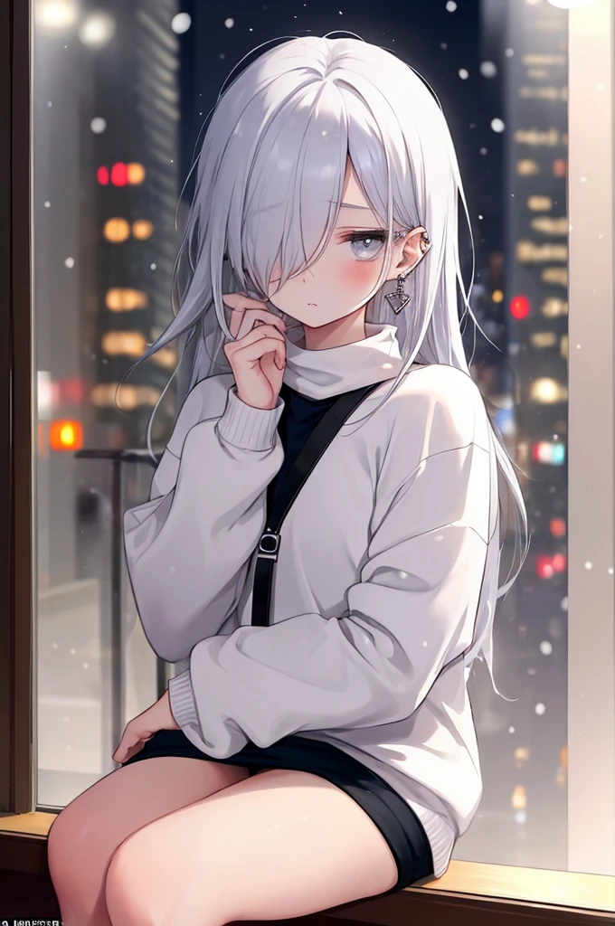 ((masterpiece:1.4, best quality:1.2)), 1girl, solo focus, beautiful skin, blush, white sweatshirt, long white hair, grey eyes, sitting, earrings, Hands on face, piercing, coffee shop window, night, snowing, cityscape, tall female, beautiful and delicate female, comfy ambience, {correct posing}, {detailed background}, I'm not wearing panties, hair over one eye, shy, Not wearing underwear, sexy
