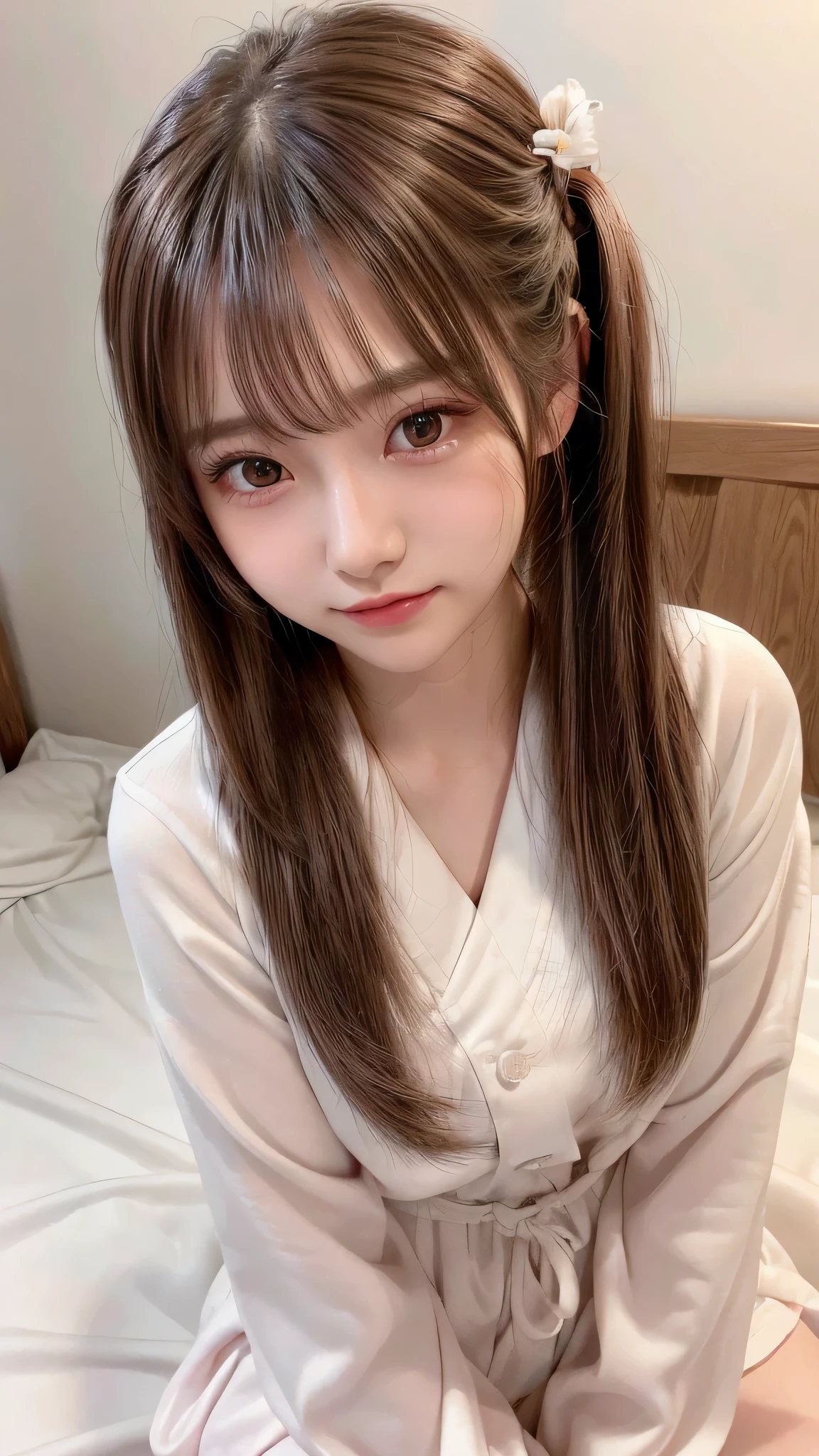 blush,,long hair ponytail,wearing white long-sleeved pajamas,((8K, Raw photo, best quality, muste piece:1.2), (Reality, photorealistic:1.4), (Highly detailed 8K wallpaper), Depth of bounds written, cinematic lighting, soft light, detailed beauty eye,Shiny and smooth light brown ponytail, asymmetrical bangs, shiny skin, super detailed skin ,high resolution, high detail, detailed hairstyle, detailed beauty face, hyper real, perfect limbs, perfect anatomy ,1 Japanese girl,famous japanese idol, perfect female body,shy smile,short eyelashes,double-edged eyelids,look straight here,Hair style is ponytail,I'm in the bedroom