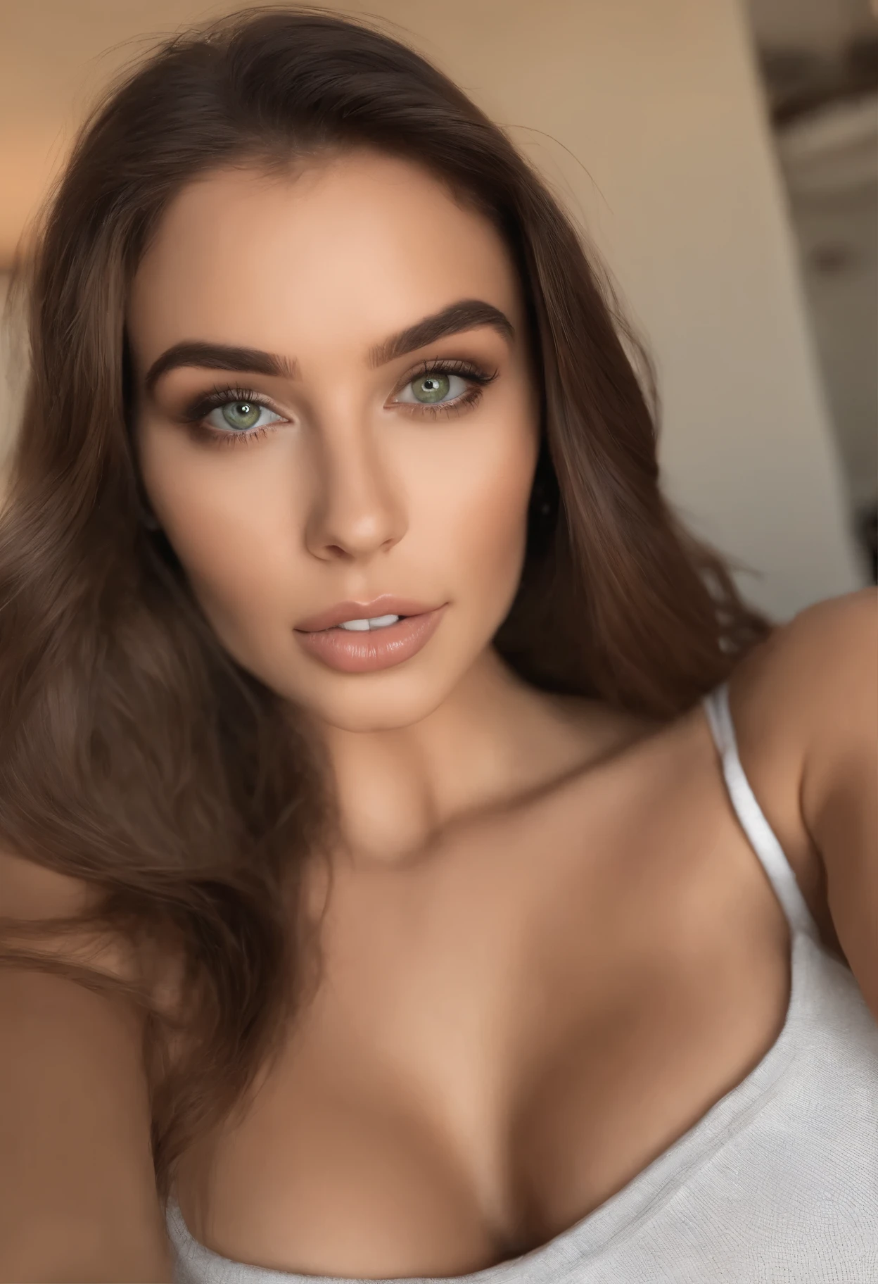 arafed woman with a white bra and a necklace, sexy girl with green eyes, portrait sophie mudd, brown hair and large eyes, selfie of a young woman, bedroom eyes, violet myers, without makeup, natural makeup, looking directly at the camera, face with artgram, subtle makeup, stunning full body shot, piercing green eyes,completely naked show her