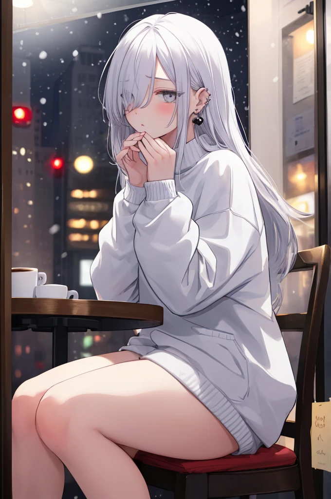 ((masterpiece:1.4, best quality:1.2)), 1girl, solo focus, beautiful skin, blush, white sweatshirt, long white hair, grey eyes, sitting, earrings, Hands on face, piercing, coffee shop window, night, snowing, cityscape, tall female, beautiful and delicate female, comfy ambience, {correct posing}, {detailed background}, I'm not wearing panties, hair over one eye, shy, Not wearing underwear, sexy