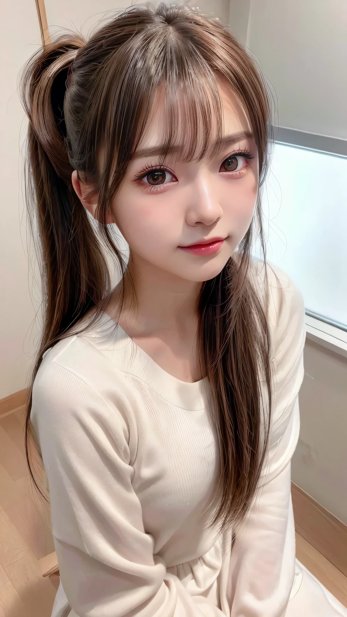 14Year old woman、soio、brown haired、beautidful eyes、real looking skin、A detailed eye、hi-school girl、(8K、masterpiece)、(reallistic、Photorealsitic)、top-quality、ighly detailed、The ultra-detailliert、Beautie、cute little、Korea person、a smile、Close-up portrait、Healthy face、schools、School uniform、Cardigan、plaid skirts