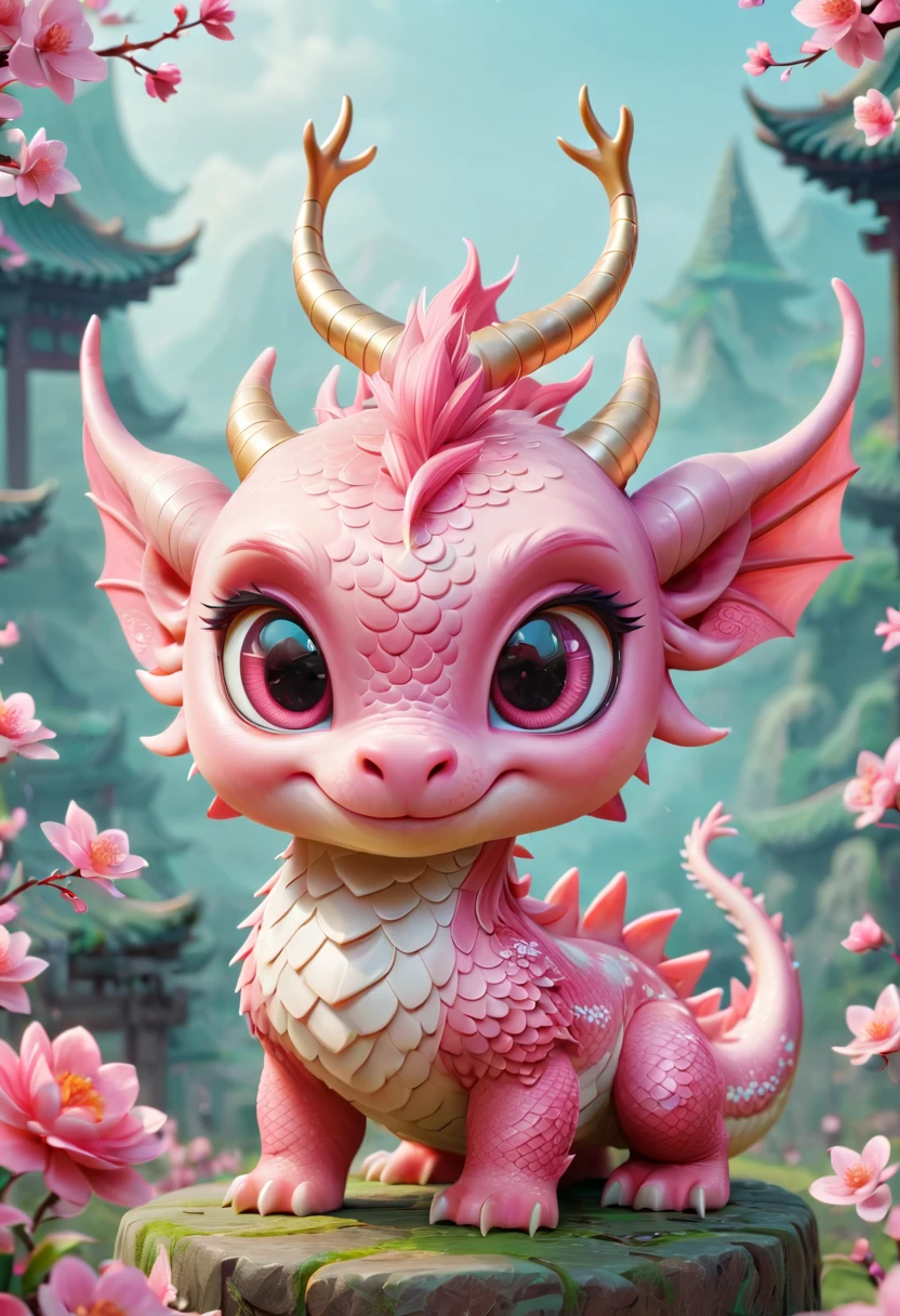 Chinese dragon,Q version,Cute little dragon,pink space,festive atmosphere,Spring Festival,Lovely antlers,Chinese elements,Cartoon,Cute pet,Lively