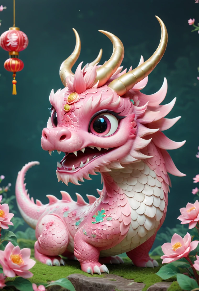 Chinese dragon,Q version,Cute little dragon,pink space,festive atmosphere,Spring Festival,Lovely antlers,Chinese elements,Cartoon,Cute pet,Lively