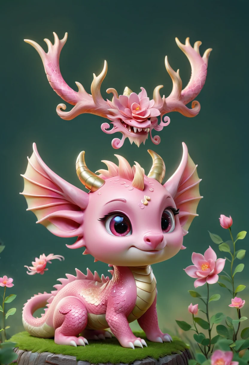 Chinese dragon，Q version，Cute little dragon，pink space，festive atmosphere，Spring Festival，Lovely antlers，Chinese elements，Cartoon，Cute pet，Lively