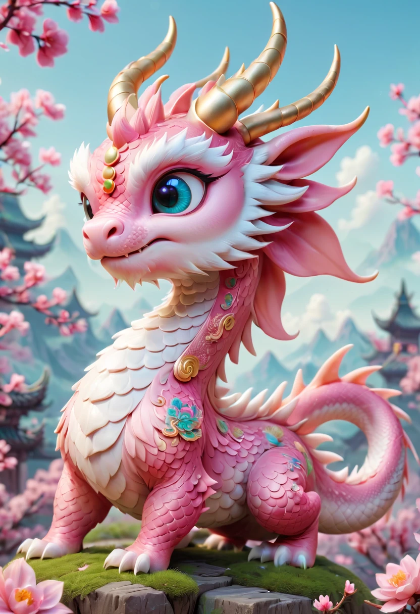 Chinese dragon,Q version,Cute little dragon,pink space,festive atmosphere,Spring Festival,Lovely antlers,Chinese elements,Cartoon,Cute pet,Lively