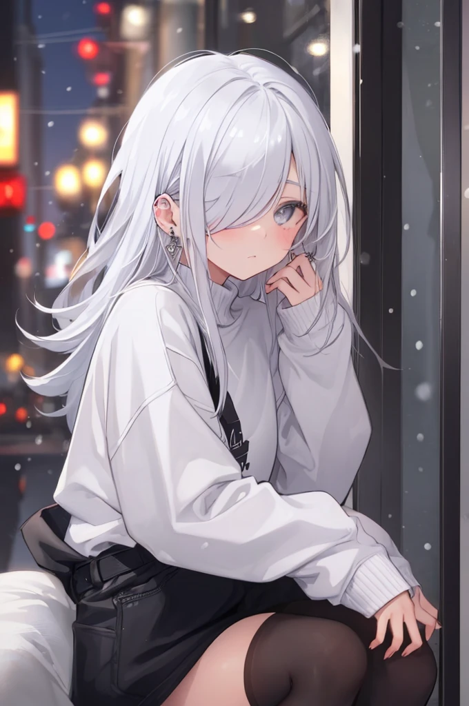 ((masterpiece:1.4, best quality:1.2)), 1girl, solo focus, beautiful skin, blush, white sweatshirt, long white hair, grey eyes, sitting, earrings, Hands on face, piercing, coffee shop window, night, snowing, cityscape, tall female, beautiful and delicate female, comfy ambience, {correct posing}, {detailed background}, I'm not wearing panties, hair over one eye, shy, Not wearing underwear, sexy