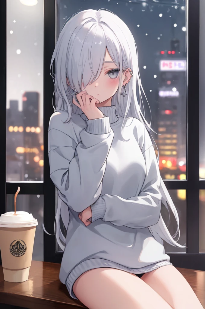((masterpiece:1.4, best quality:1.2)), 1girl, solo focus, beautiful skin, blush, white sweatshirt, long white hair, grey eyes, sitting, earrings, Hands on face, piercing, coffee shop window, night, snowing, cityscape, tall female, beautiful and delicate female, comfy ambience, {correct posing}, {detailed background}, I'm not wearing panties, hair over one eye, shy, Not wearing underwear, sexy