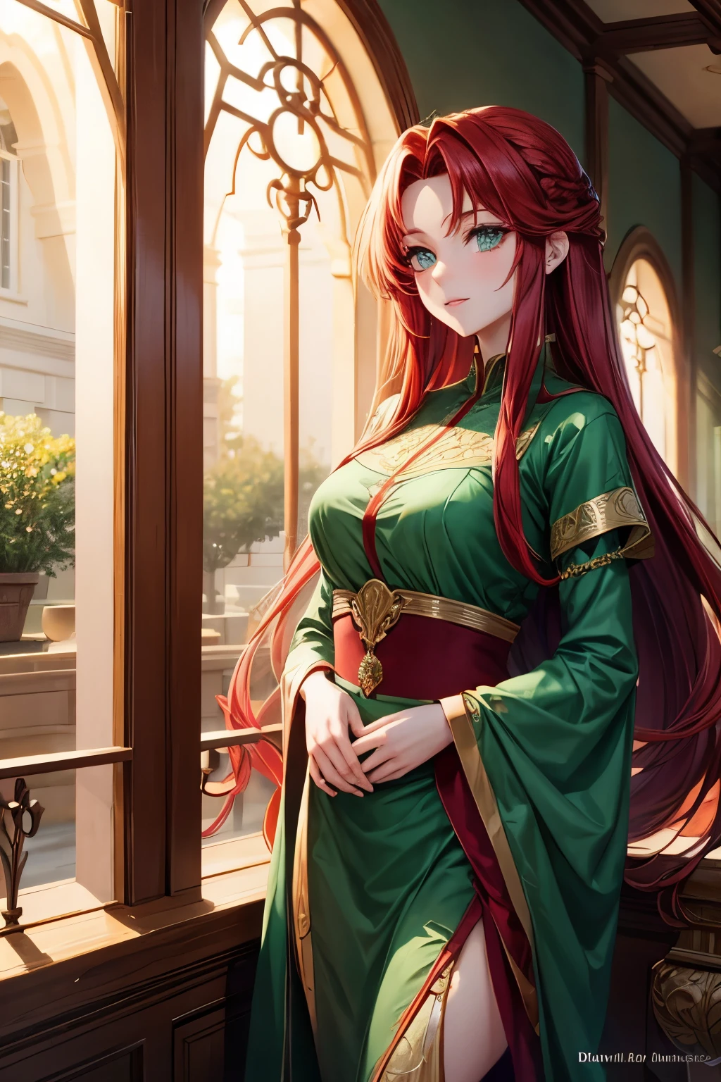 red middle length hair beautiful woman with green eyes in fine clothes