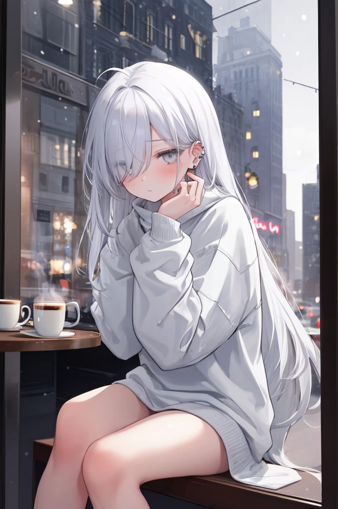 ((masterpiece:1.4, best quality:1.2)), 1girl, solo focus, beautiful skin, blush, white sweatshirt, long white hair, grey eyes, sitting, earrings, Hands on face, piercing, coffee shop window, night, snowing, cityscape, tall female, beautiful and delicate female, comfy ambience, {correct posing}, {detailed background}, I'm not wearing panties, hair over one eye, shy, Not wearing underwear, sexy