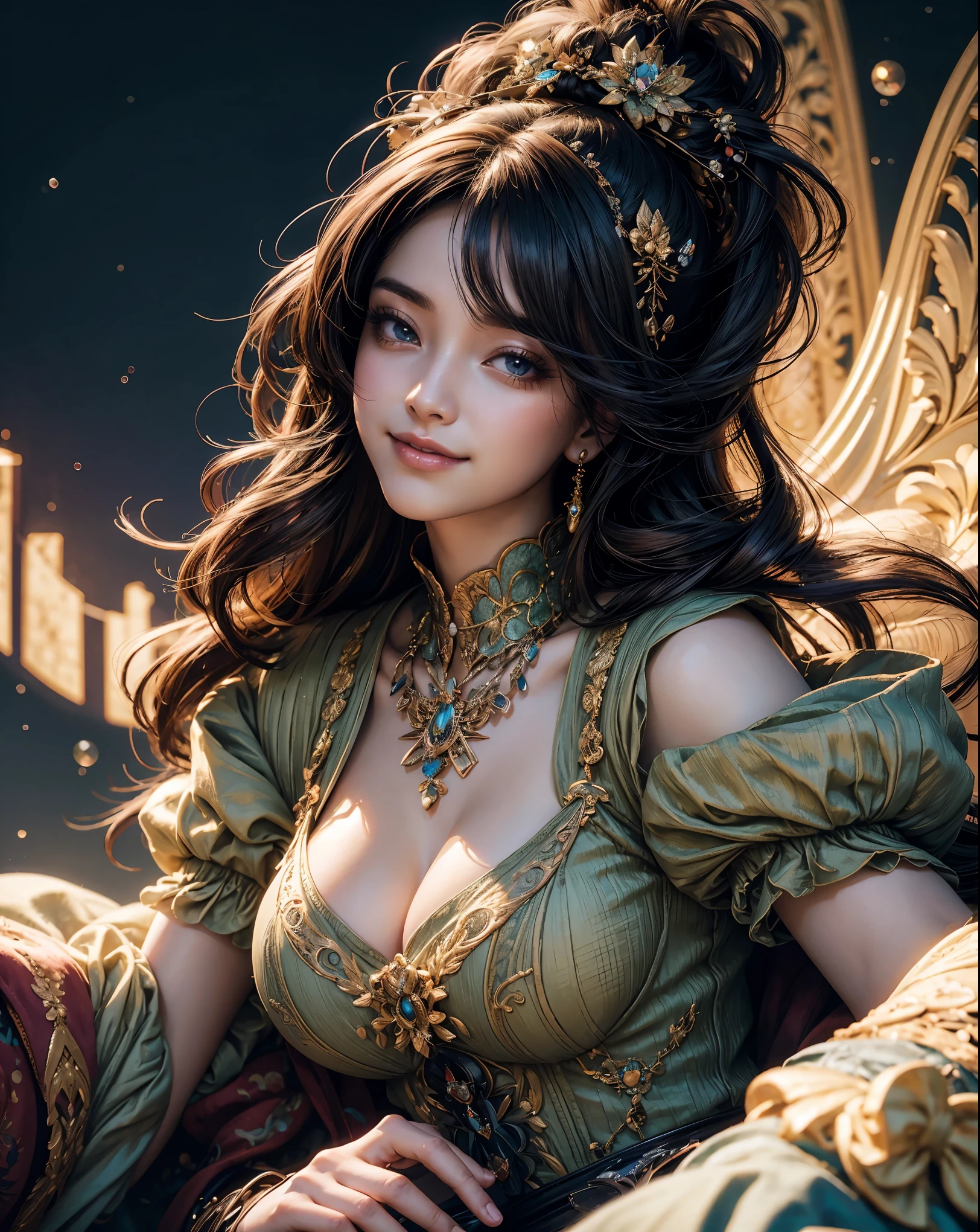(Background::a picture of a castle on top of a hill, high fantasy castle, intricate fantasy painting, hd anime cityscape, anime fantasy artwork, fantasy capital city, beautiful detailed fantasy, detailed key anime art, detailed anime art, from arknights, detailed city background, fantasy city, range murata yoshitaka amano, fantasy architecture, medeival fantasy town) a woman with long hair wearing a colorful top, sfw huge breasts, trending on bbwchan, hyper realistic background, buxom, big breasts!!, big breasts, big breasts!,really large bust, big bust, covered sfw huge breasts, skintight rainbow body suit, bubbles, realistic proportions sfw, popular on instagram, the wind moves her shirt , smiley face, cleavage, smile on face