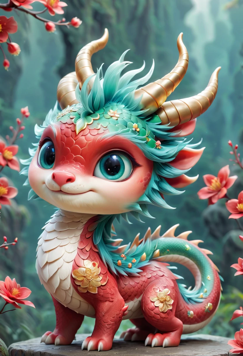 Chinese dragon，Q version，Cute little dragon，Red space，festive atmosphere，Spring Festival，Lovely antlers，Chinese elements，Cartoon，Cute pet，Lively