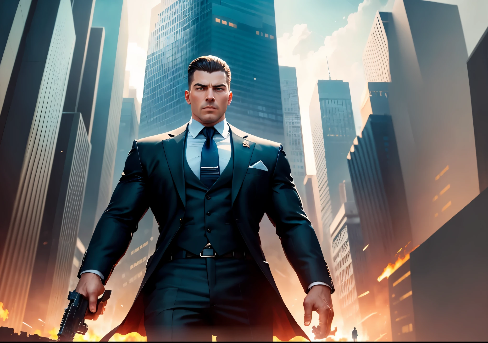 a man in a business suit with a gun in his hand walks through a burning city with skyscrapers