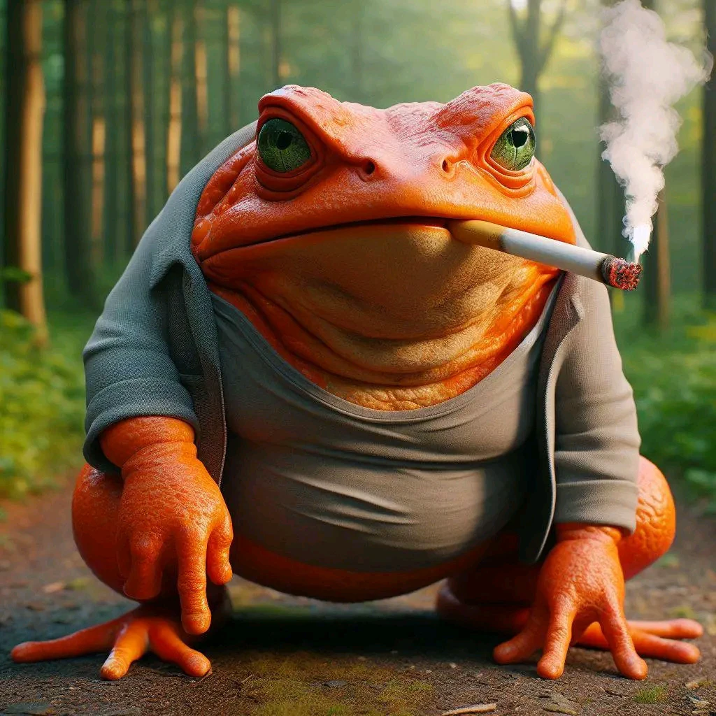 there is a frog that is smoking a cigarette in the woods, big toad, very detailed toad, toad philosopher the thinker, ultra realistic concept art, real life charmander, highly realistic concept art, toad, ultrarealistic concept art, hyperrealistic concept art, the wednesday frog, toad samurai, with a cute toad, toads, frog, photorealistic concept art