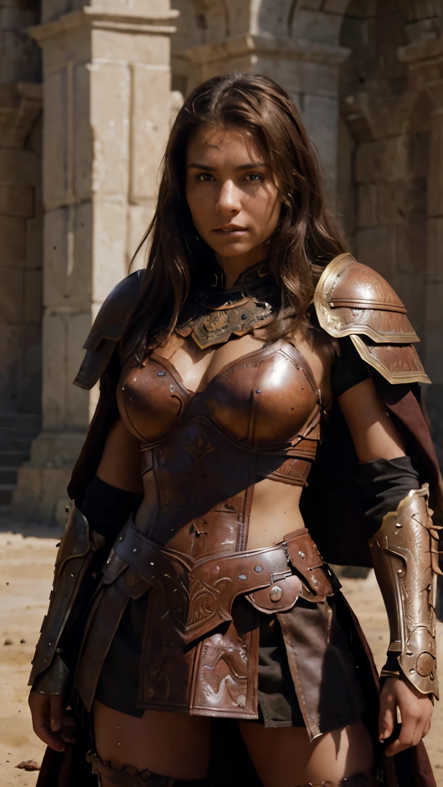 A portrait photo of beautiful girl, warrior girl, merciless face, fair skin and brown hair, brown eyes, developed body, wearing heavy warrior armors, iron colored armors, the armors is highly detailed engraved and embossed. Brown furry cape, ancient warrior army background, dusty and dirty in environment, hyper realistic photo, medium shot, fantasy photo