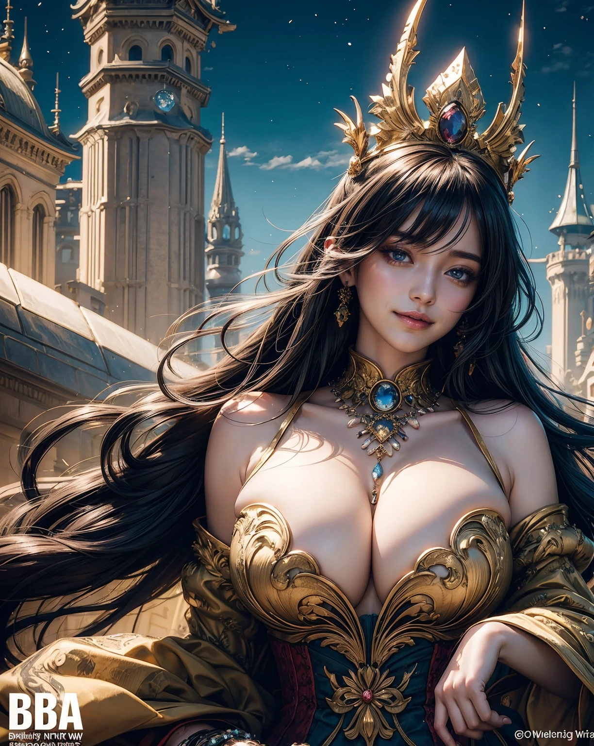 (Background::a picture of a castle on top of a hill, high fantasy castle, intricate fantasy painting, hd anime cityscape, anime fantasy artwork, fantasy capital city, beautiful detailed fantasy, detailed key anime art, detailed anime art, from arknights, detailed city background, fantasy city, range murata yoshitaka amano, fantasy architecture, medeival fantasy town) a woman with long hair wearing a colorful top, sfw huge breasts, trending on bbwchan, hyper realistic background, buxom, big breasts!!, big breasts, big breasts!,really large bust, big bust, covered sfw huge breasts, skintight rainbow body suit, bubbles, realistic proportions sfw, popular on instagram, the wind moves her shirt , smiley face, cleavage, smile on face