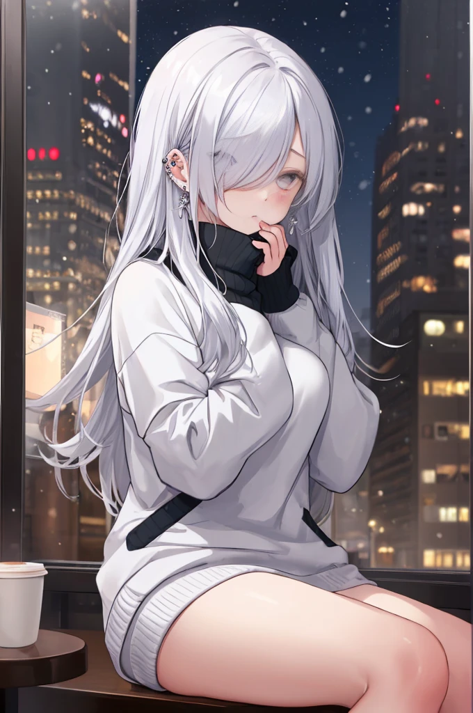 ((masterpiece:1.4, best quality:1.2)), 1girl, solo focus, beautiful skin, blush, white sweatshirt, long white hair, grey eyes, sitting, earrings, Hands on face, piercing, coffee shop window, night, snowing, cityscape, tall female, beautiful and delicate female, comfy ambience, {correct posing}, {detailed background}, I'm not wearing panties, hair over one eye, shy, Not wearing underwear, sexy