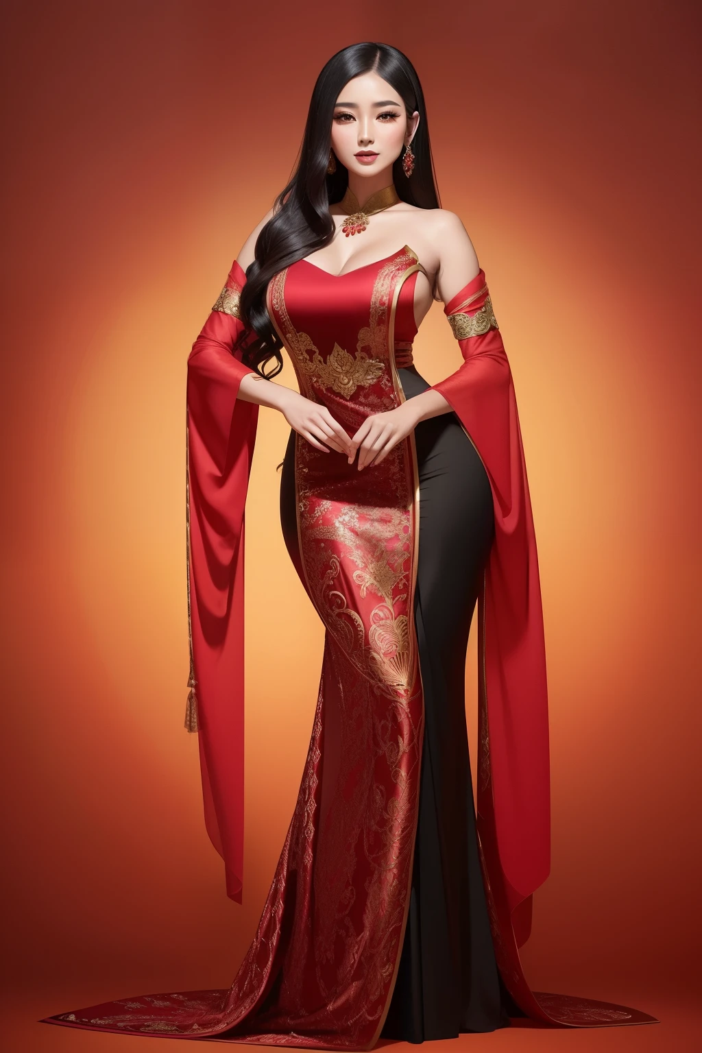 Asia lady, radiant and graceful, wearing a traditional Myanmar dress - a vibrant, intricately designed ensemble in rich hues of red and gold. Her long, black hair cascades down her back in loose waves, blending seamlessly with her deeply tanned complexion. Wearingly a gentle smile, she elegantly poses, the dress's flowing fabric draped artfully over her slender figure. The dress's intricate patterns delightfully accentuate her curves, and the vibrant colors contrast beautifully with her dark features. Her almond-shaped eyes shine brightly with an enchanting allure, making the setting pop with visual richness. The image, captured in high definition