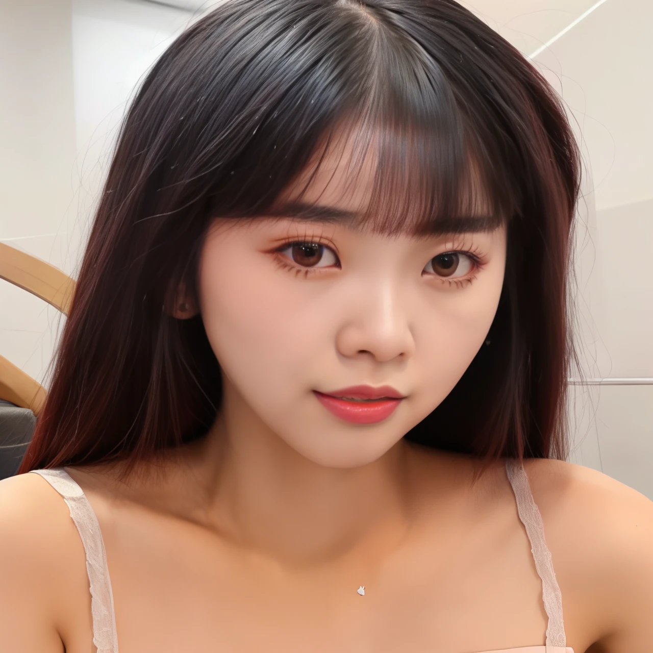 um close up de uma mulher com um vestido rosa e um espelho, Lalisa Manobal, Sun Yunjoo, Lalisa Manoban do Blackpink, Jisoo do Blackpink, Jisoo do Blackpink, com franja, jossi do blackpink, franja de cortina, franja fofa, tzuyu de duas vezes, Heonhwa Choe,  coreana, she has black hair com franja