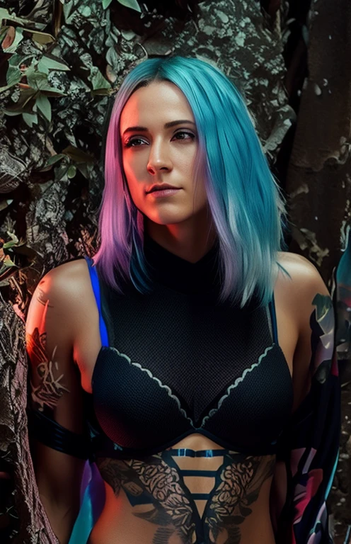 portrait of cyberpunk elf in combat suit from Shadowrun, intricate tattoos, iridescent hair, cinematic shot on canon 5d ultra realistic skin intricate clothes accurate hands studio lighting, ray tracing, bloom, fantasy, cyberpunk atmosphere