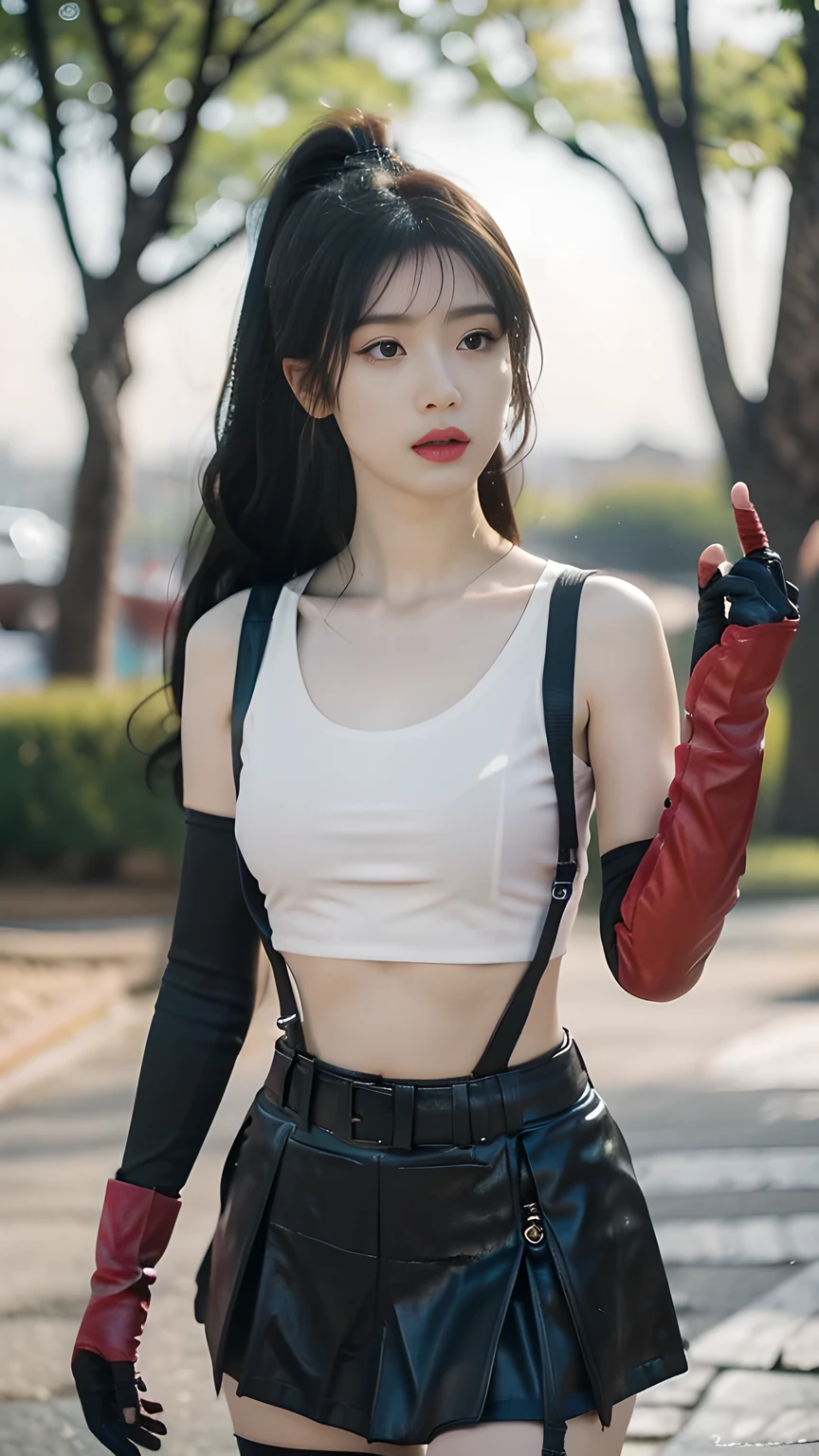 best quality, masterpiece, 1 girl, perfect beautiful face, (photo photo:1.3), edge lighting, photography lighting, (high detail skin:1.2), 8k ultra hd, DSLR, high quality, high resolution, white skin, detailed textured skin, half body in frame, sexy posing, poker face, perfect propotion face, symetric face, eye level shot, 4k, 8k, bokeh, absurd, best ratio four fingers and one thumb, (realistic:1.3), beautiful detailed girl, cute 1girl, dark brown hair, long hair, ponytail, bangs, volume hairs, collosal-breast, full looking breast, projecting breast, slim waist, slender, small thighs, perfectly proportion, gloves,fingerless gloves,breasts,suspenders,thighhighs,crop top,tank top,skirt,black thighhighs,suspender skirt,black skirt,earrings,jewelry,midriff,white tank top,black gloves, boots,underwear,panties,miniskirt,belt,underboob,white panties, beautiful outdoor background, detailed background, trees, clouds