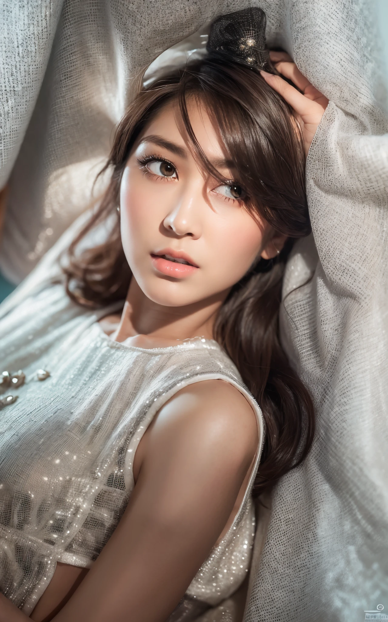 Highly detailed CG Unity 8k wallpaper, top quality, super detailed, masterpiece, realistic, photorealistic, very detailed girl, (30 years old), blush, round eyes, semi-body shot, white wedding dress, lying, bed