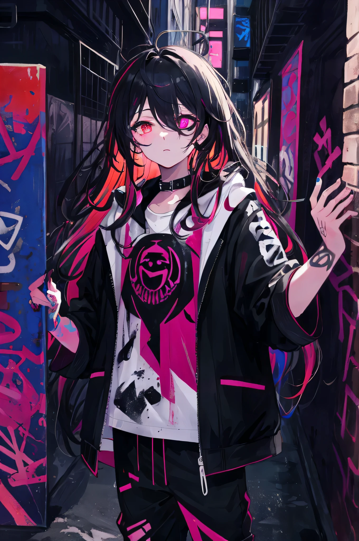 Anime girl with pink hair and black jacket walking down a street ...