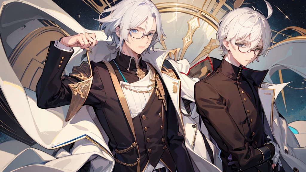with Shoulder length white hair,Handsome boy,black-frame glasses,Handsome face,brown Jacket,A half body,One-handed glasses,blue eyes,