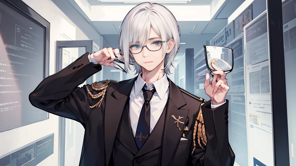 with Shoulder length white hair,Handsome boy,black-frame glasses,Handsome face,brown Jacket,A half body,One-handed glasses,blue eyes,