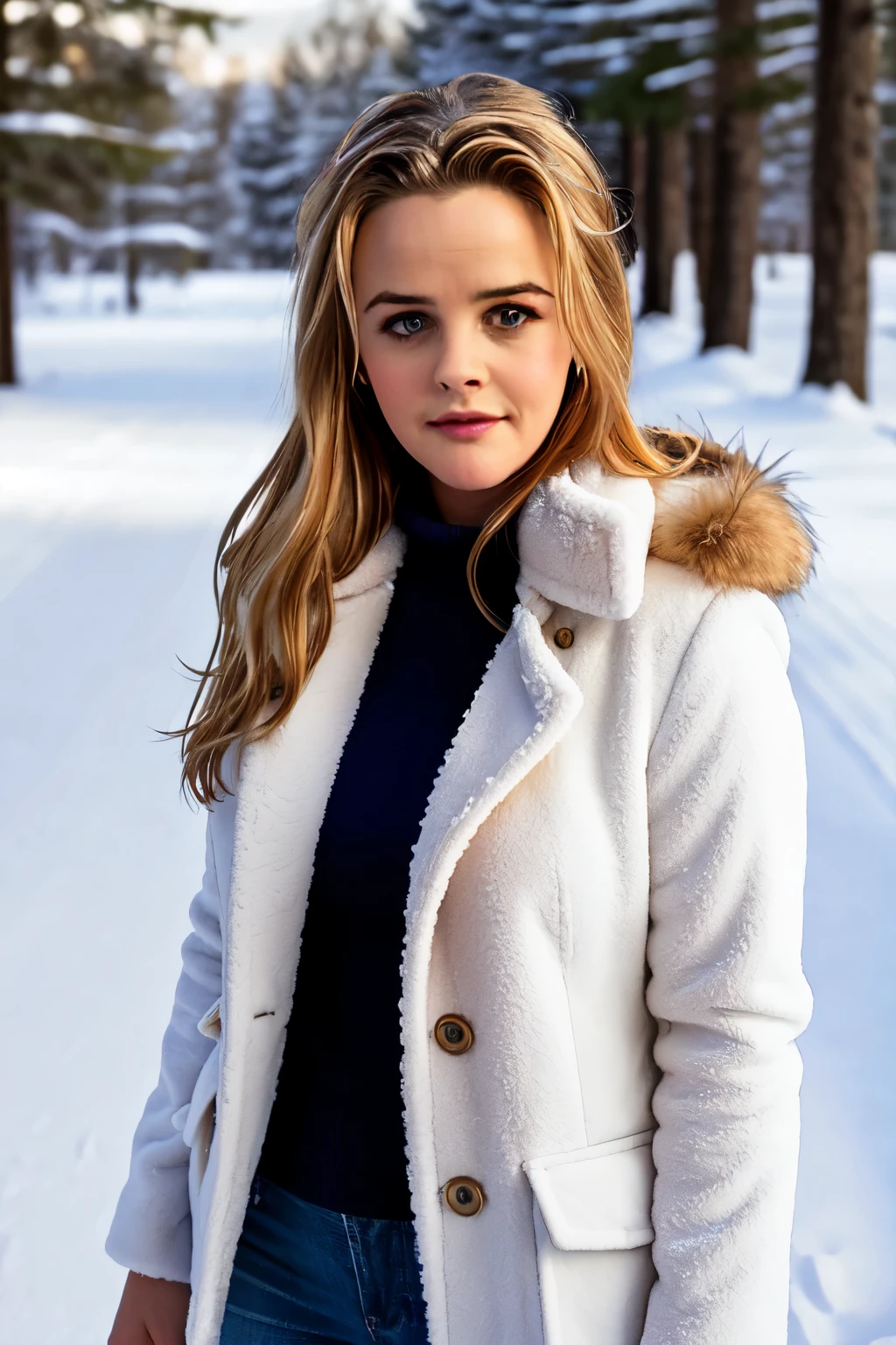 (((AliciaSilverstone, bigfaketits))), beautiful girl 18 years old, big beautiful eyes, fit figure, thin waist, wide pelvis, in a half-unbuttoned jacket, fluffy fur collar, naked under the jacket, beautiful realistic breasts are visible, background it's snowing, buildings, trees, winter, snowing, a lot of snow, Too much snow, snow falls, detailed snowflakes, ultra-detailed, best quality, depth of field, hdr, (masterpiece: 1.2), blonde hair