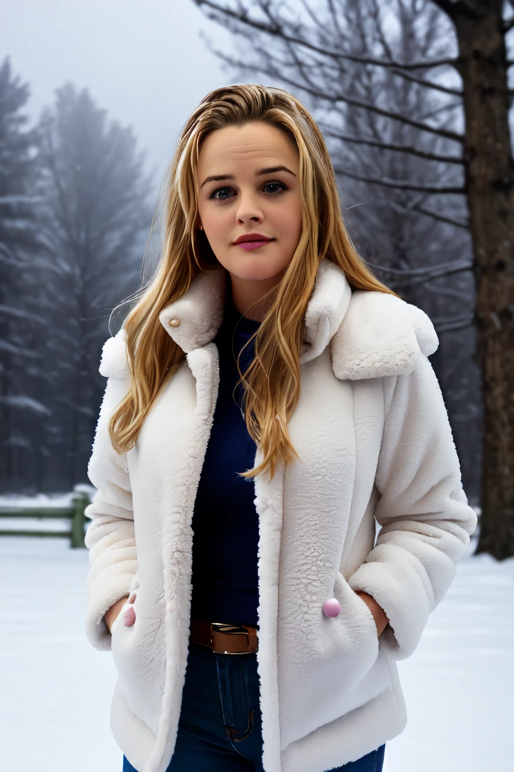 (((AliciaSilverstone, bigfaketits))), beautiful girl 18 years old, big beautiful eyes, fit figure, thin waist, wide pelvis, in a half-unbuttoned jacket, fluffy fur collar, naked under the jacket, beautiful realistic breasts are visible, background it's snowing, buildings, trees, winter, snowing, a lot of snow, Too much snow, snow falls, detailed snowflakes, ultra-detailed, best quality, depth of field, hdr, (masterpiece: 1.2), blonde hair