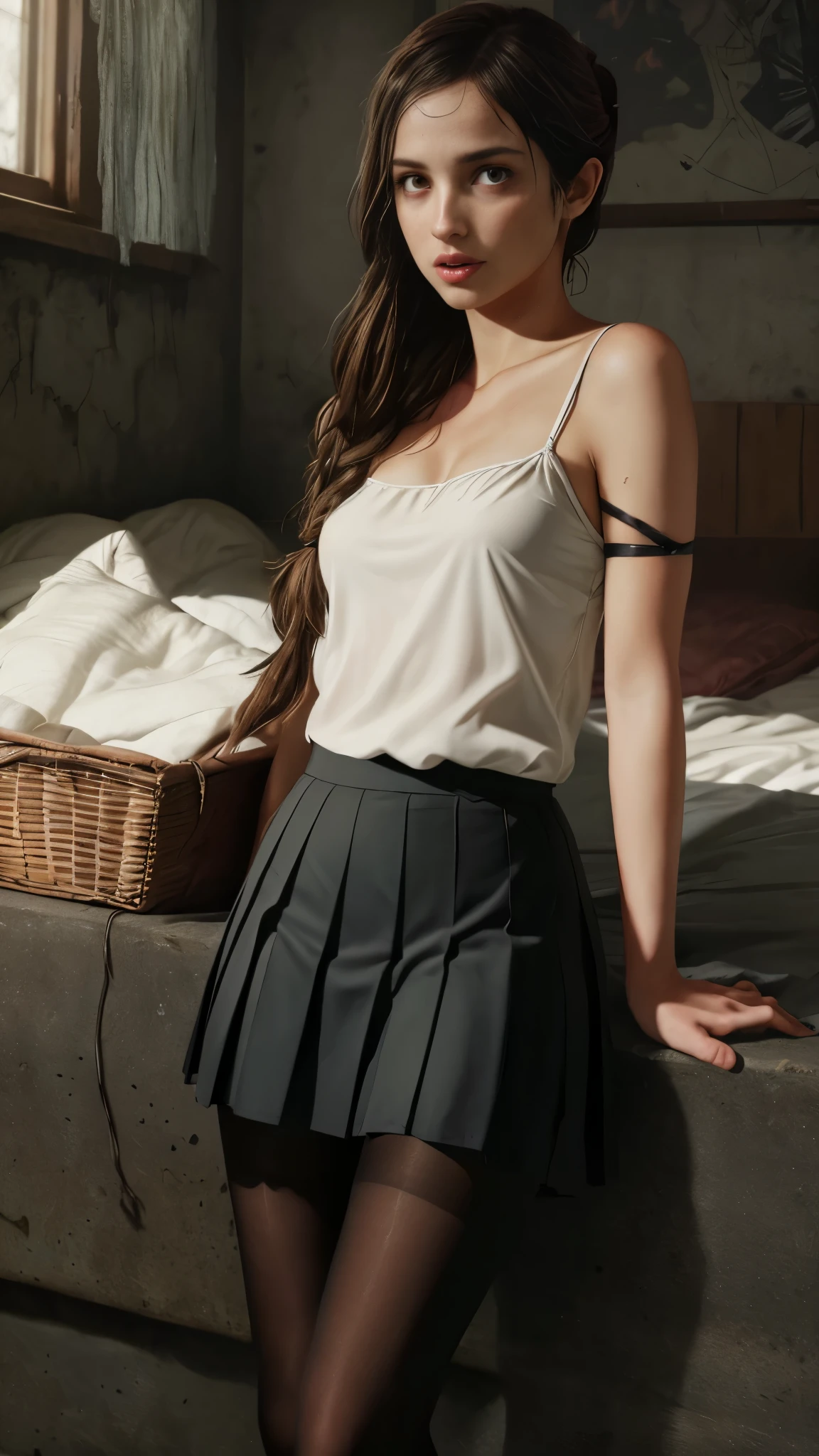 Ellie de The last of us, 13 years old, long hair: 1.3, spaghetti strap blouse, pleated skirt, pantyhose, small breasts, light skin, photorealistic