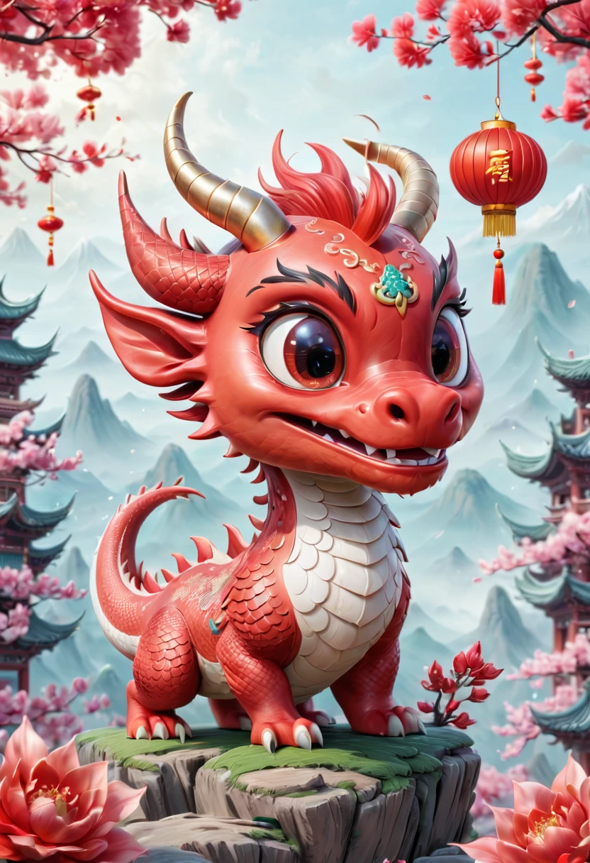 Chinese dragon,Q version,Cute little dragon,Red space,festive atmosphere,Spring Festival,Lovely antlers,Chinese elements,Cartoon,Cute pet,Lively