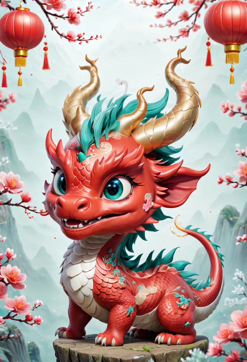 Chinese dragon，Q version，Cute little dragon，Red space，festive atmosphere，Spring Festival，Lovely antlers，Chinese elements，Cartoon，Cute pet，Lively