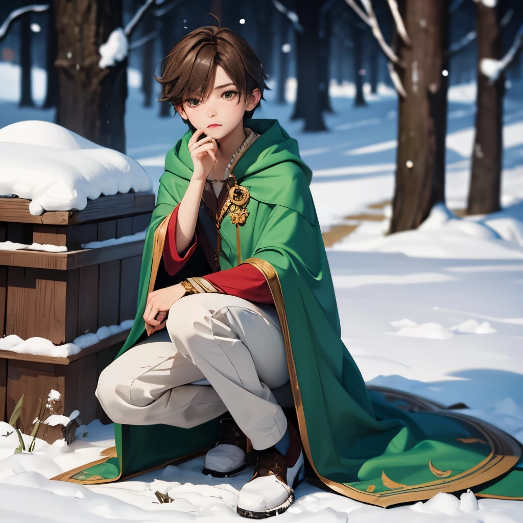1boy, magic, mana, green cloak, brown hair, pale skin, deer antlers, snow, cute, full body