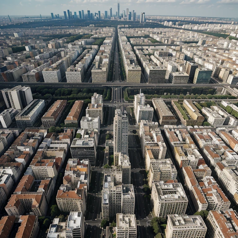 Cidade, French renaissance, typical buildings of Haussmann., neoclassico , ruas arborizadas, manhattanização, arquitetura romana, Mid Century Modern Skyscraper, Aerial view 