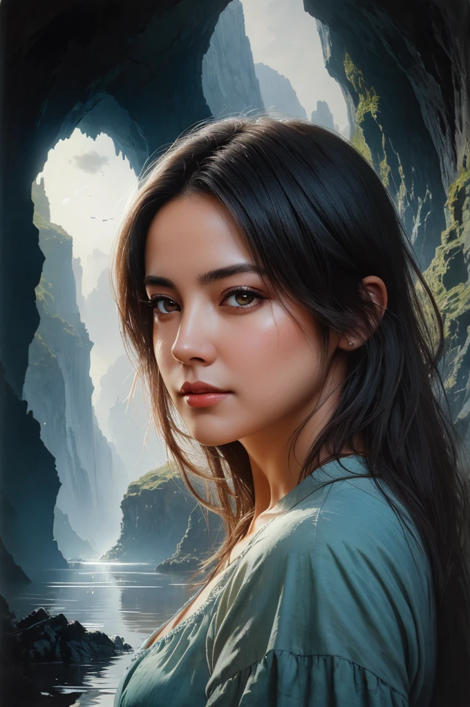 [Late Afternoon], [Beautiful Young Researcher], [Sharp Chin], [- Observant], [Wax], [Sunbathing], [Urbex], [Asteroid Cave flooded with blue-green water], [Sunlighting] Silhouette], [Soft Focus], [Wide latitude for shadow/highlight recovery], [Pino Daeni], gustave dore, Stephen Gammell, masterpiece of layered portrait art, techniques used: sfumato, chiaroscuro, perspective atmospheric