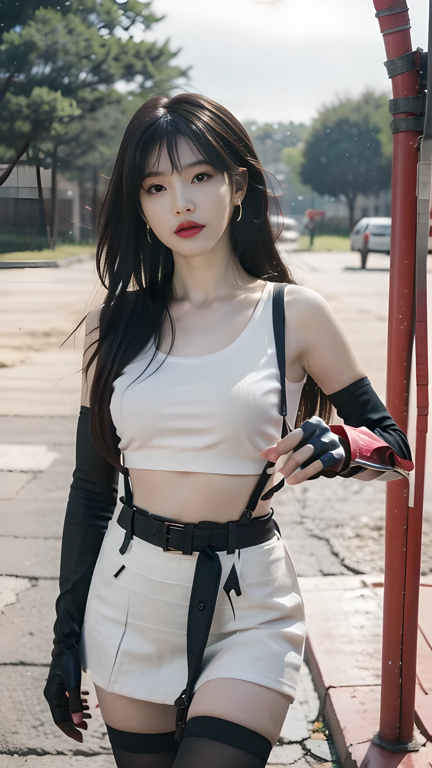 best quality, masterpiece, 1 girl, perfect beautiful face, (photo photo:1.3), edge lighting, photography lighting, (high detail skin:1.2), 8k ultra hd, DSLR, high quality, high resolution, white skin, detailed textured skin, half body in frame, sexy posing, poker face, perfect propotion face, symetric face, eye level shot, 4k, 8k, bokeh, absurd, best ratio four fingers and one thumb, (realistic:1.3), beautiful detailed girl, cute 1girl, dark brown hair, long hair, ponytail, bangs, volume hairs, collosal-breast, full looking breast, projecting breast, slim waist, slender, small thighs, perfectly proportion, gloves,fingerless gloves,breasts,suspenders,thighhighs,crop top,tank top,skirt,black thighhighs,suspender skirt,black skirt,earrings,jewelry,midriff,white tank top,black gloves, boots,underwear,panties,miniskirt,belt,underboob,white panties, beautiful outdoor background, detailed background, trees, clouds