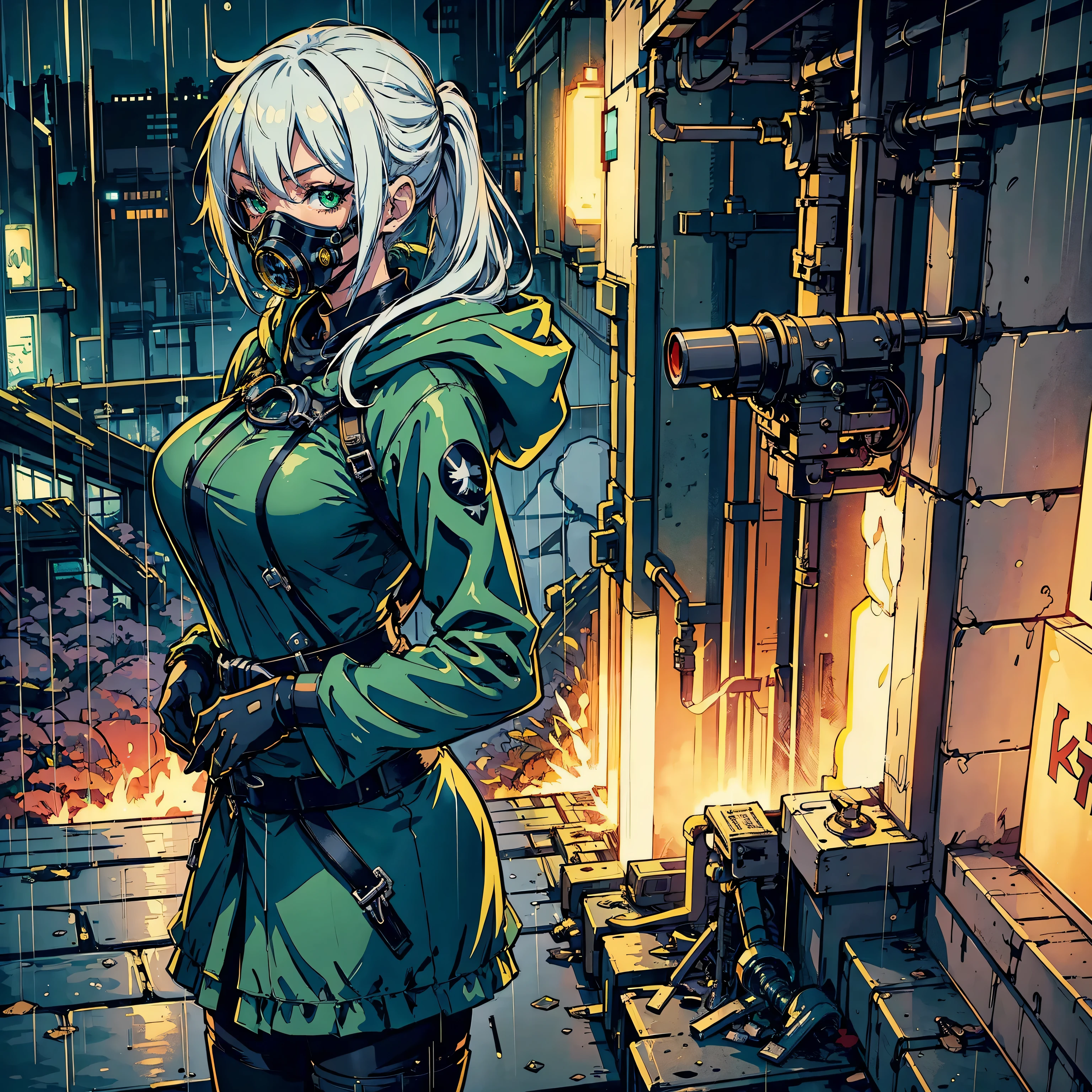 kk, best quality, more details, masterpiece, 1 anime woman, gas mask, portrait, female focus, green eyes, solo, look at viewer, hood, rain, tokyo tokyo \(city\), hood, white hair, luxurious, 8k, detailed, ray tracing, depth of field, cinematic lighting,