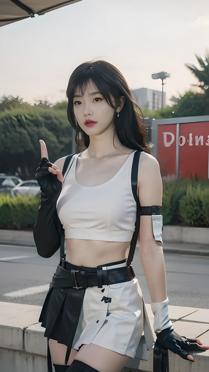 best quality, masterpiece, 1 girl, perfect beautiful face, (photo photo:1.3), edge lighting, photography lighting, (high detail skin:1.2), 8k ultra hd, DSLR, high quality, high resolution, white skin, detailed textured skin, half body in frame, sexy posing, poker face, perfect propotion face, symetric face, eye level shot, 4k, 8k, bokeh, absurd, best ratio four fingers and one thumb, (realistic:1.3), beautiful detailed girl, cute 1girl, dark brown hair, long hair, ponytail, bangs, volume hairs, collosal-breast, full looking breast, projecting breast, slim waist, slender, small thighs, perfectly proportion, gloves,fingerless gloves,breasts,suspenders,thighhighs,crop top,tank top,skirt,black thighhighs,suspender skirt,black skirt,earrings,jewelry,midriff,white tank top,black gloves, boots,underwear,panties,miniskirt,belt,underboob,white panties, beautiful outdoor background, detailed background, trees, clouds