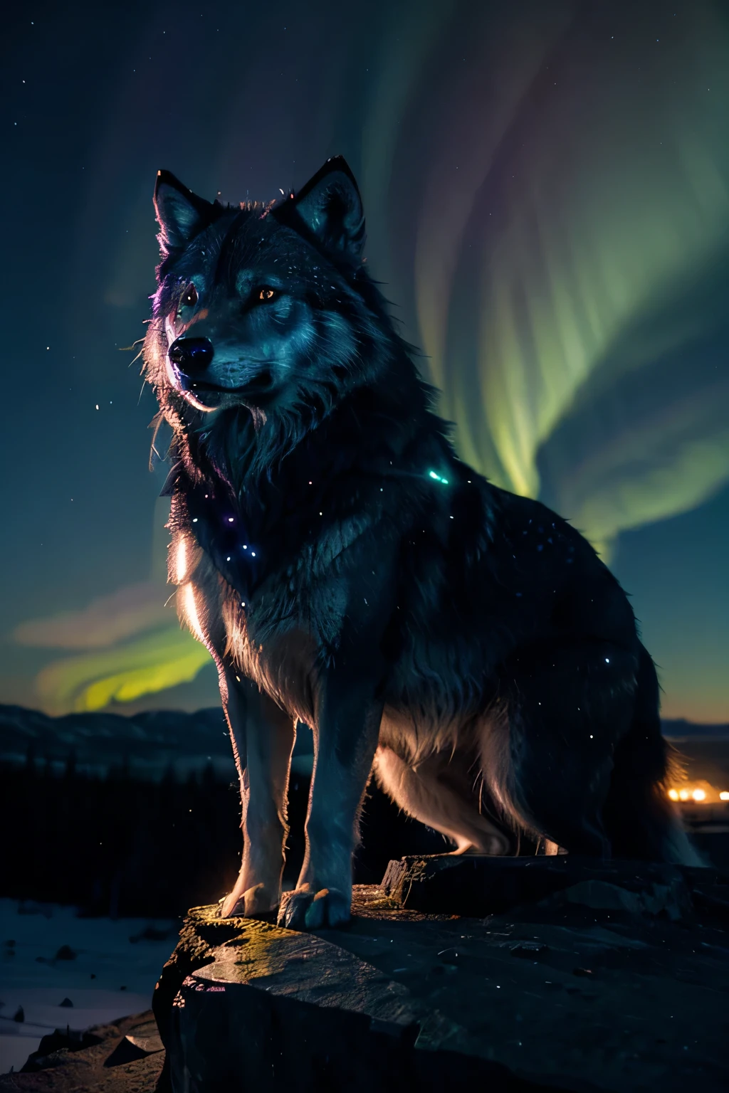 In a mesmerizing display of bioluminescent magic, A majestic wolf stands atop a watchtower, Bathed in the ethereal glow of the Northern Lights.