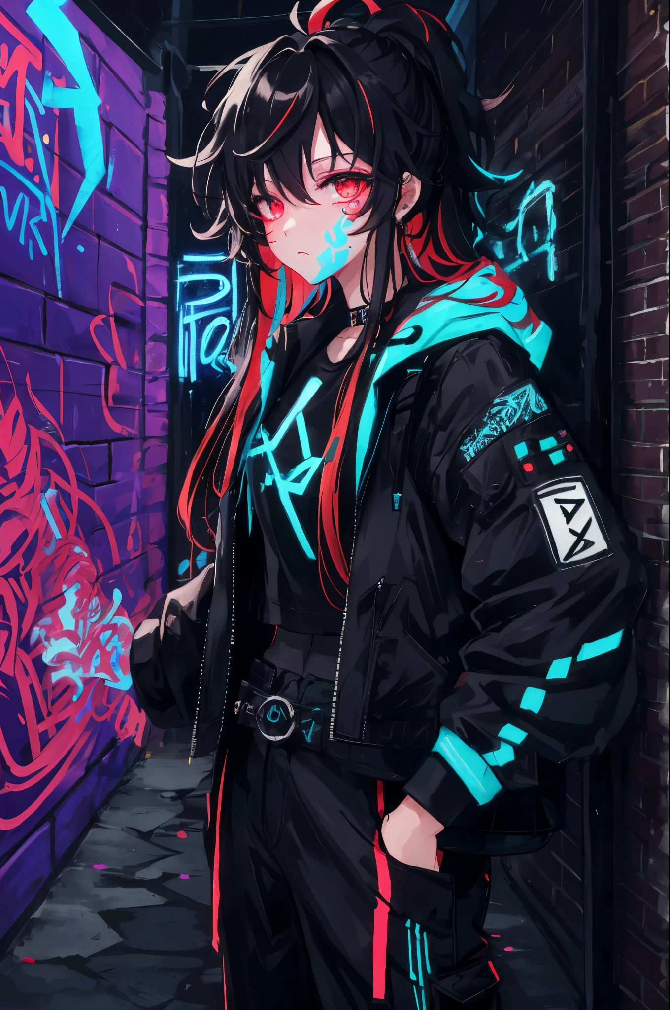 best quality, intricate details, Color difference, 1 girl, long hair, black hair, messy hair, red highlights, hair covering one eye, red eyes, sharp vision, collar, neon shirt, Torn trouser leg, open jacket, against the wall, brick wall, Graffiti, glowing grafiti, glowing tattoos, glow, neon lights, Black light,