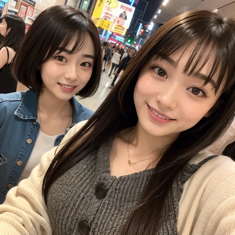 A face like Suzu Hirose、looking at the viewer、smiling、I'm at a tourist spot、16 year old girl、wear oversized clothes、C cup breast bulge、bob hairstyle、taking a selfie、night、