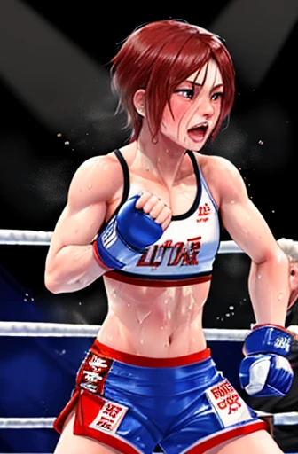 Two female mixed martial artists boxing。Match in the ring。muscle。naked。whole body。scratch。drenched in sweat。shortness of breath。