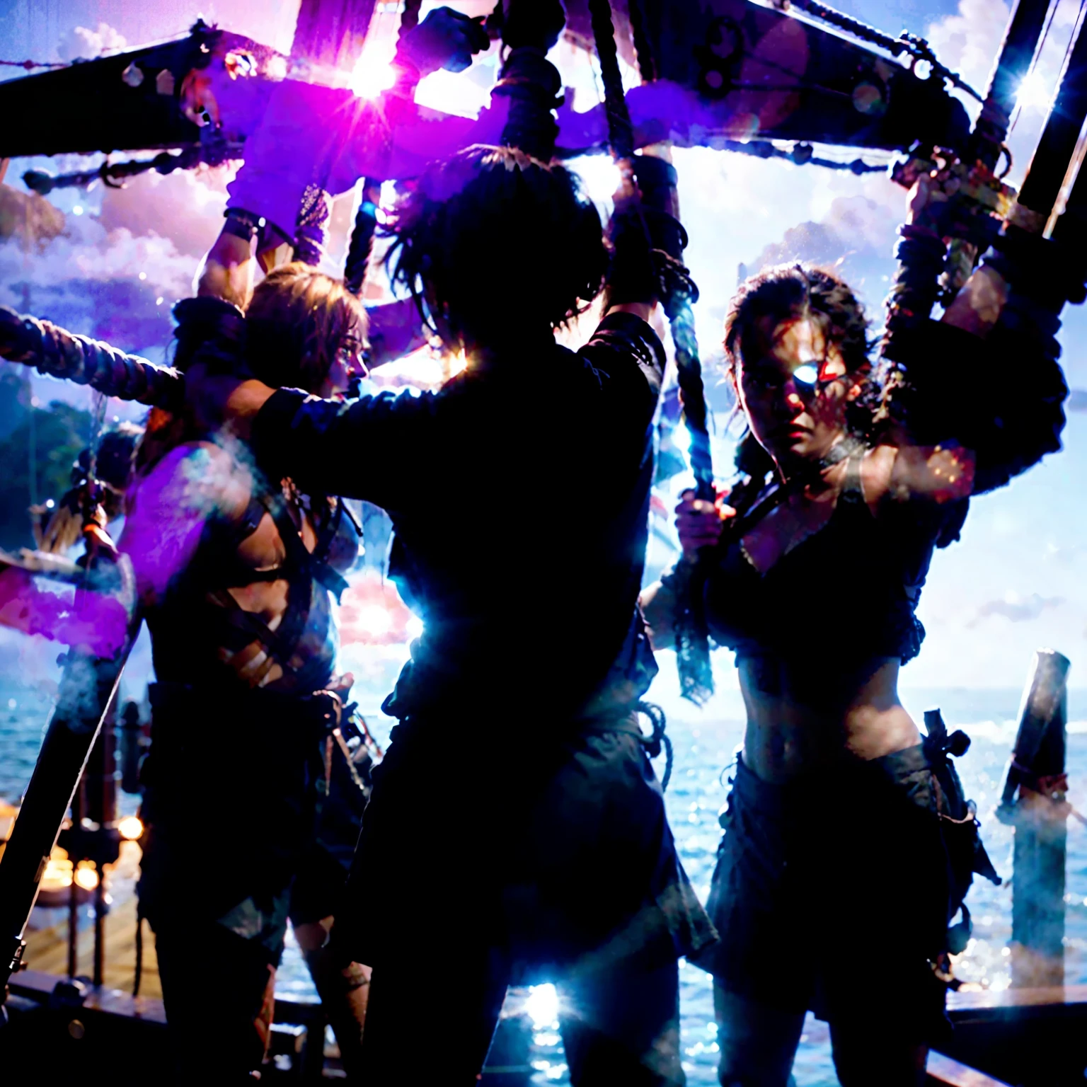 Swinging from ropes, the crew engages in a fierce sword fight on the ship's deck, silhouetted against the setting sun, cinematic, dramatic lighting, -ar 16:9.Scene 4: A mysterious treasure map unfurls, revealing an uncharted island shrouded in mist, the crew plotting their course with intrigue, cinematic, dramatic lighting, -ar 16:9